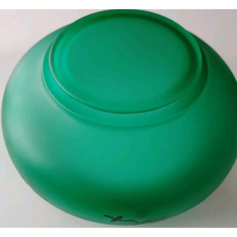 VTG TIFFIN SATIN GREEN CONSOLE BOWL WITH SILVER OVERLAY + 2 COORD. CANDLESTICKS